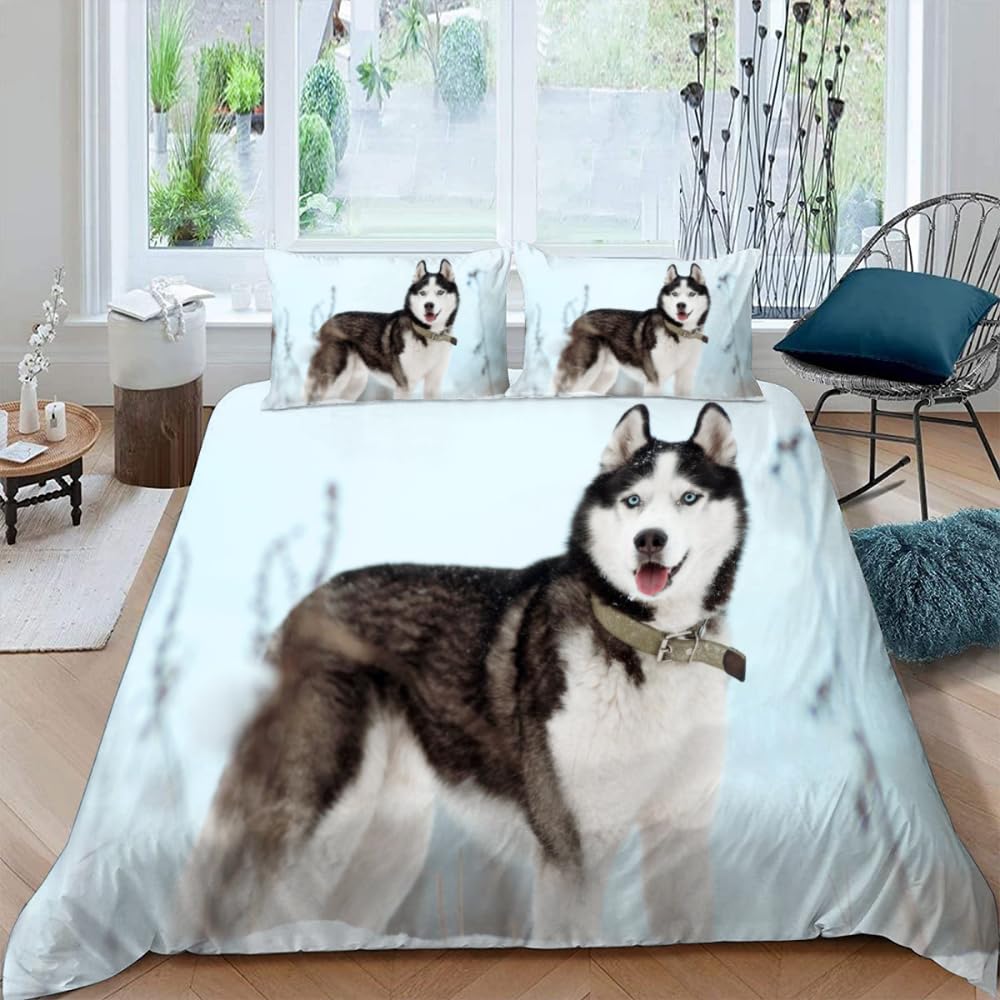 Mevasa Girls Color11 Single Bed Kids Bedding Husky Duvet Cover Set Kids Teens Boys Single Bedding Dog Animal Fluffy Microfiber Hypoallergenic Single Duvet Cover 3 Pieces /135X200