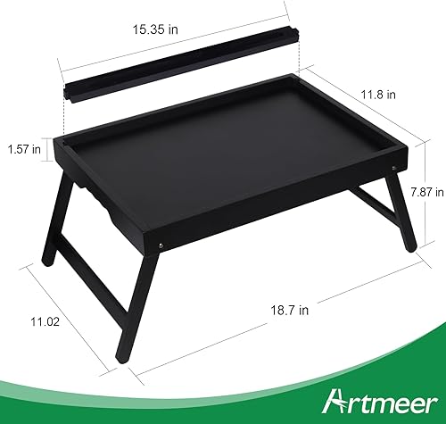 Miniatura 3 de Artmeer Mesa de cama de bambú con patas plegables, soporte para teléfono/tableta, mesa de desayuno plegable, escritorio para computadora portátil