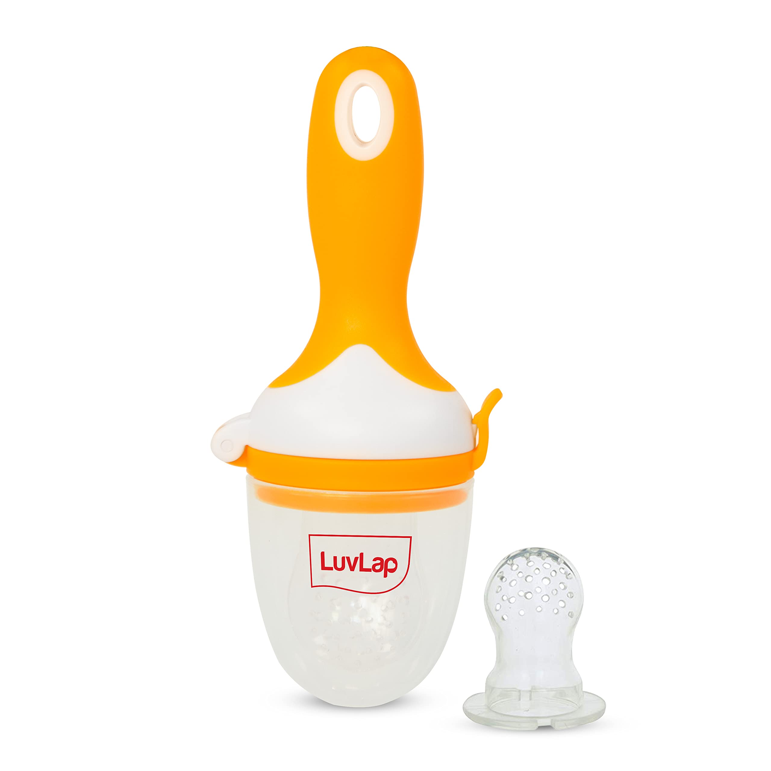 LuvLap Plastic Baby Food And Fruit Feeder Cum Nibbler With Ergonomic Handle, Two Feeder Sack Sizes, Bpa Free, Orange