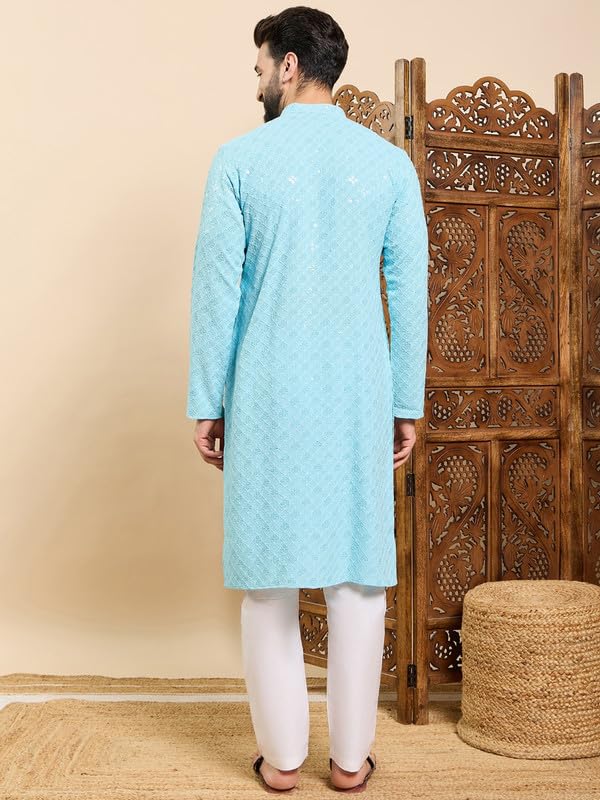 Image of Men's Viscose Rayon Solid Embroidered Long Straight Kurta | Men's Kurta | Embroidered Chikankari Kurta for Men | Straight Fit Kurta for Men