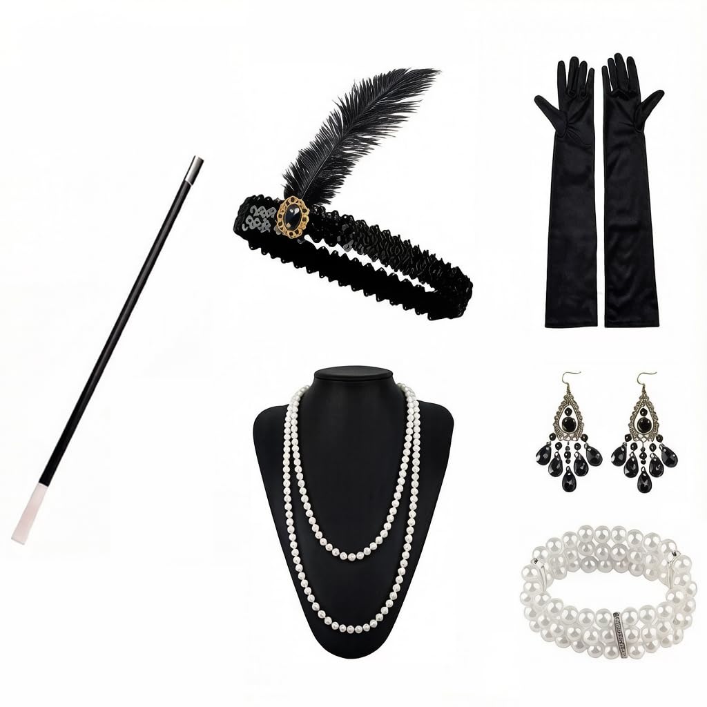 Accesorios años 20 para mujer – Conjunto de 6 piezas estilo Gatsby & Charleston – Diadema con plumas, guantes de satén, collar de perlas – para noche grande de Gatsby, Halloween y fiesta de disfraces