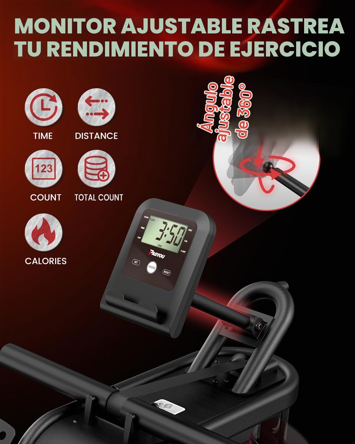 PASYOU Máquina de Remo de Agua, Remo de Resistencia Mejorada con inclinación de 50°, Capacidad de Peso de 150KG con conexión Bluetooth y Monitor LED, máquina de Remo para Gimnasio en casa