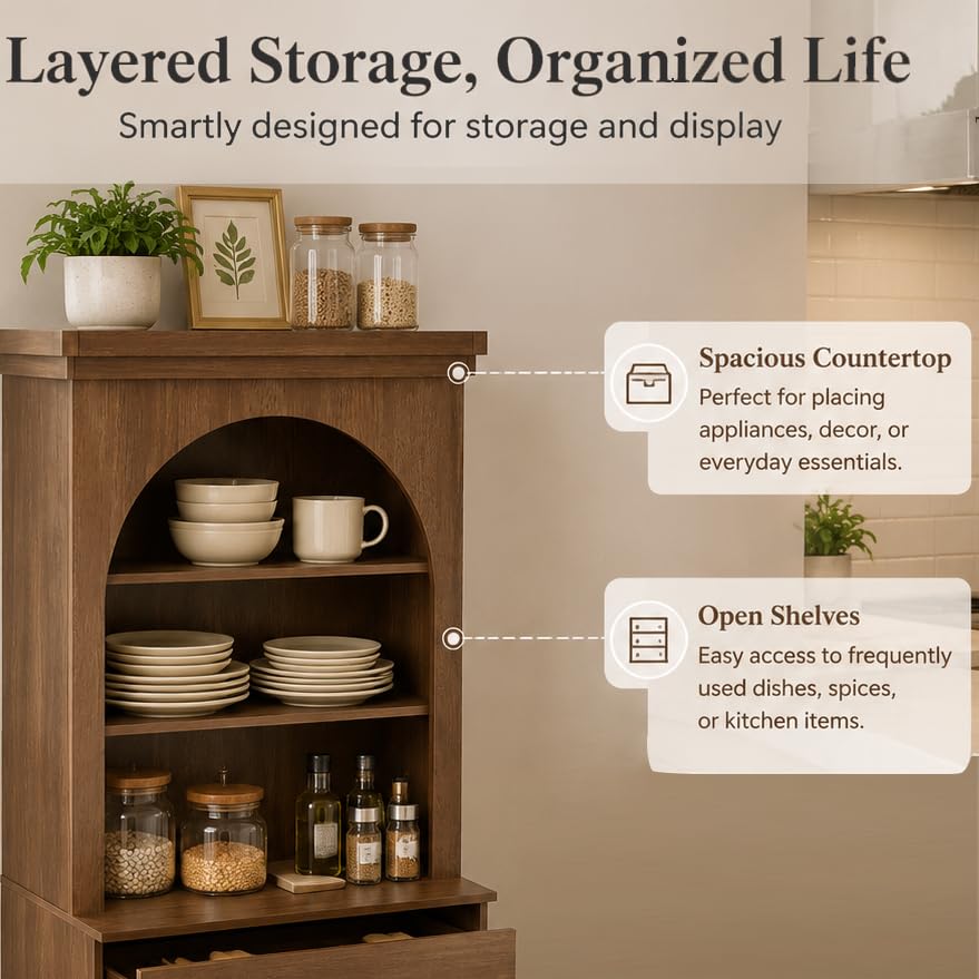 Image of ivaniti 71 inch Arched Kitchen Pantry Cabinet Set of 2, Dark Brown Freestanding Storage Hutch Combination with 1 Glass-Door Coffee Bar Cabinet and 1 Three-Drawer Open Shelf Cabinet for Kitchen