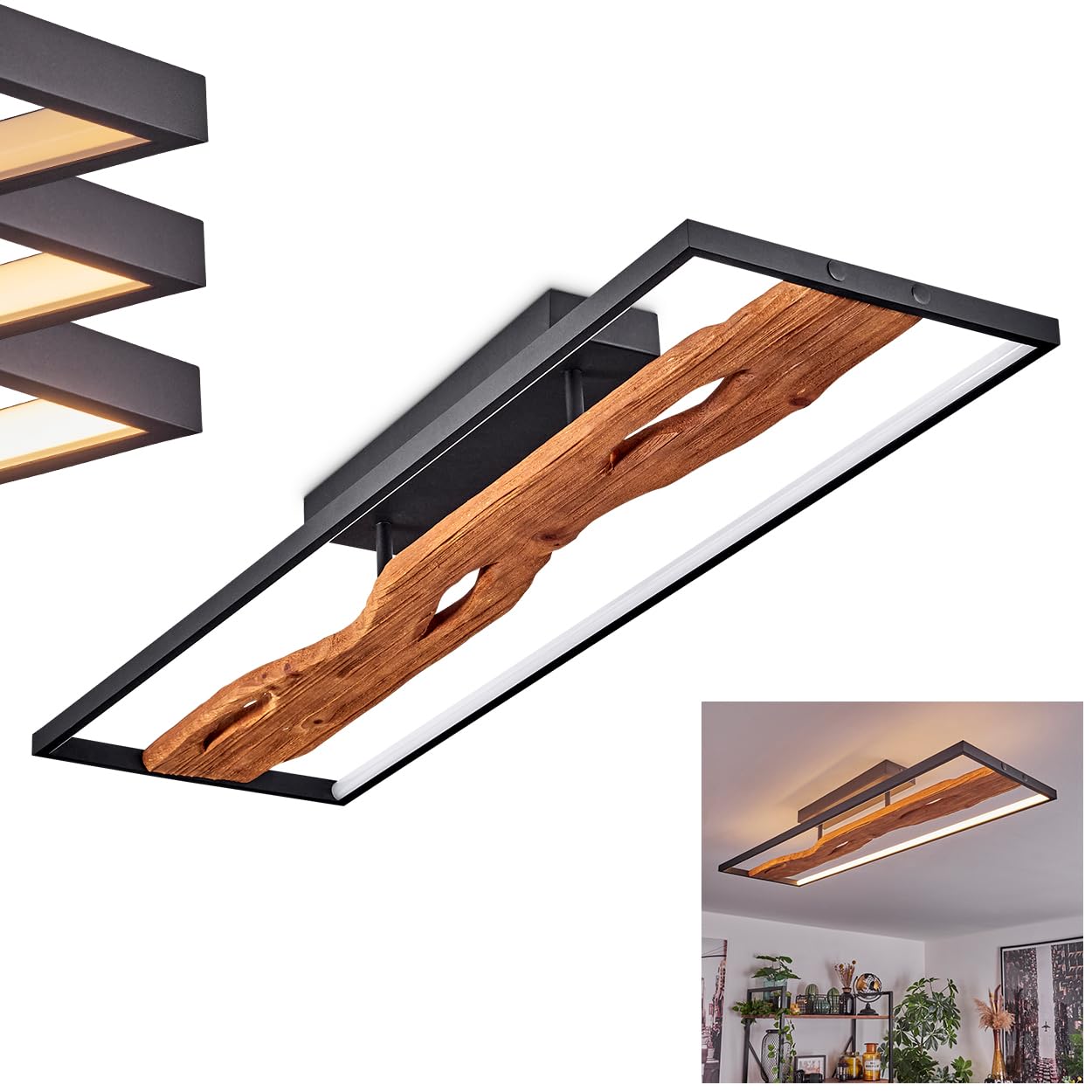 Hofstein Light/Black Led Ceiling Nevogilde, Dimmable Ceiling Made Of Metal/Wood/Plastic In Black/Nature/White, Scandinavian Design 6600 Lumen, 3000 Kelvin, Led 48 Watt, Dimmable Via Switch