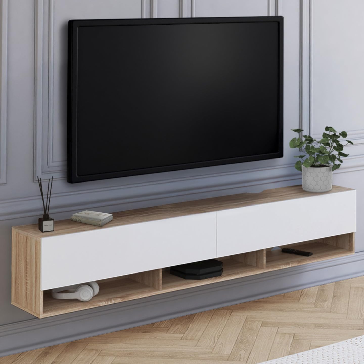 IDMarket - Mueble TV 180 cm Colgante Elio 2 Puertas con estante, Madera y Blanco