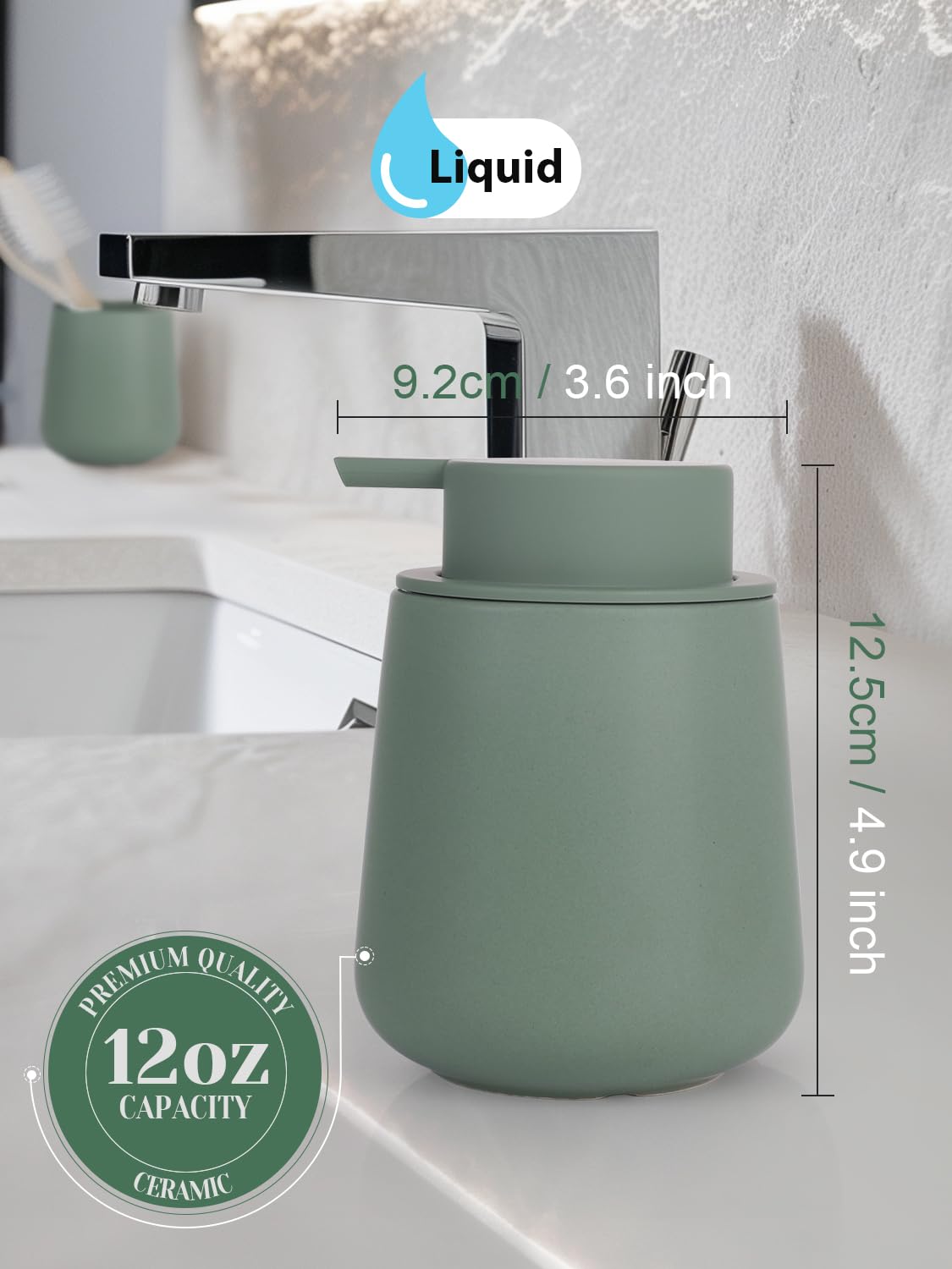 Dispenser di sapone liquido in ceramica per cucina – Dispenser di sapone liquido ricaricabile da 350 ml per bagno, moderno dispenser di sapone liquido con pompa, verde opaco