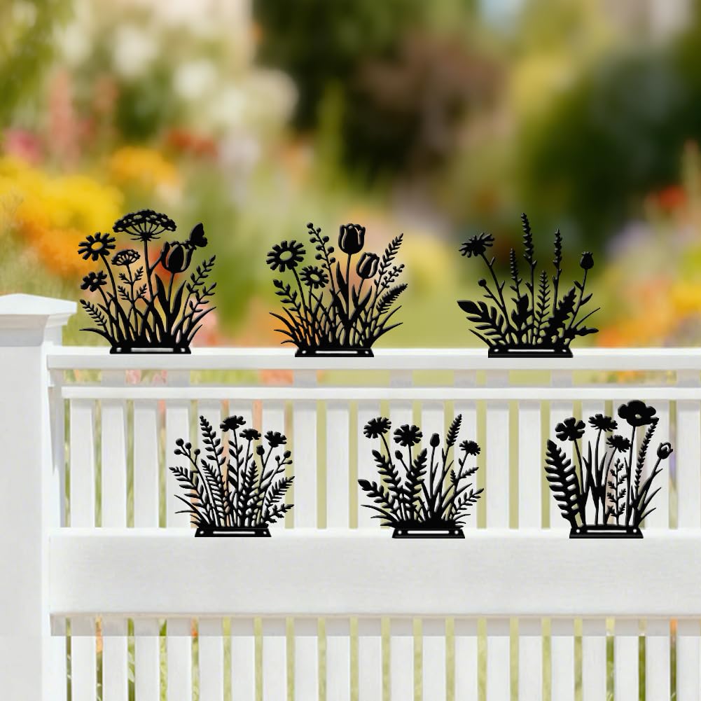 DOODLREAM 6Pcs Wildflower Metal Garden Stakes, Black Plant Silhouette Decor for Outside, Double-Side Metal Art Ornament for Yard, Lawn, Patio, Pathway, Outdoor Garden Decor