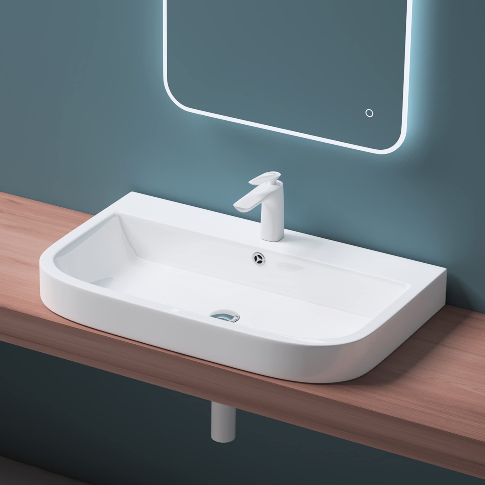 Mai & Mai Bathroom Sink Basin Countertop Wash Basin | Ceramic White Rectangular | WDH: 81x49x18cm | Modern Design Bathroom Vessel Sink | Nano-Coating Brüssel5021