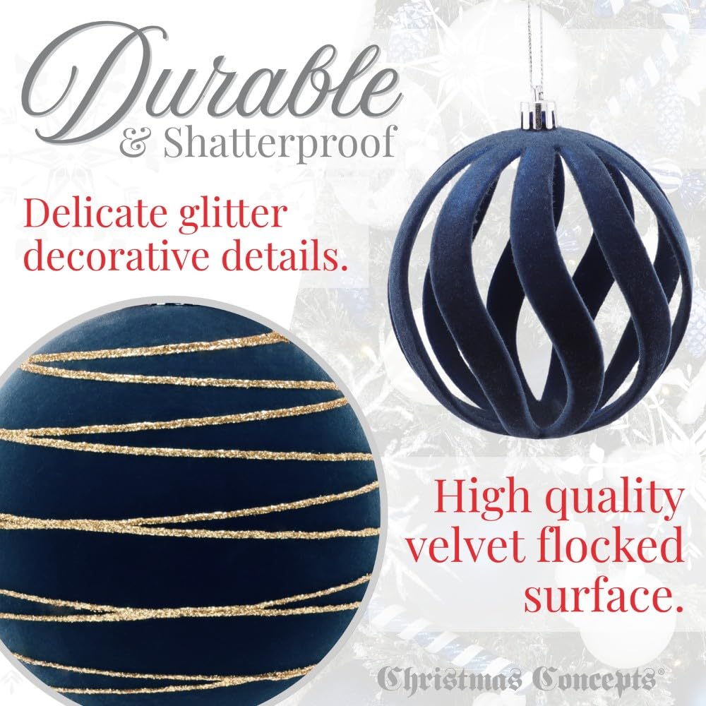 Christmas Concepts Elegance Collection Christbaumkugeln, 5 Stück, 100 mm, Mitternachtsblau, luxuriös, Samt und Glitzer verziert, große Christbaumkugeln, hängende Dekorationen