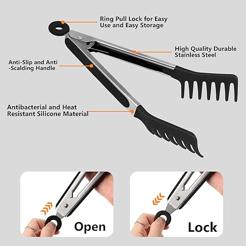 Miniatura 3 de 2 cucharas de espagueti y pinza para pasta, tenedor antiadherente de silicona de 13 pulgadas y mango de acero inoxidable de 9.8 pulgadas, pinza