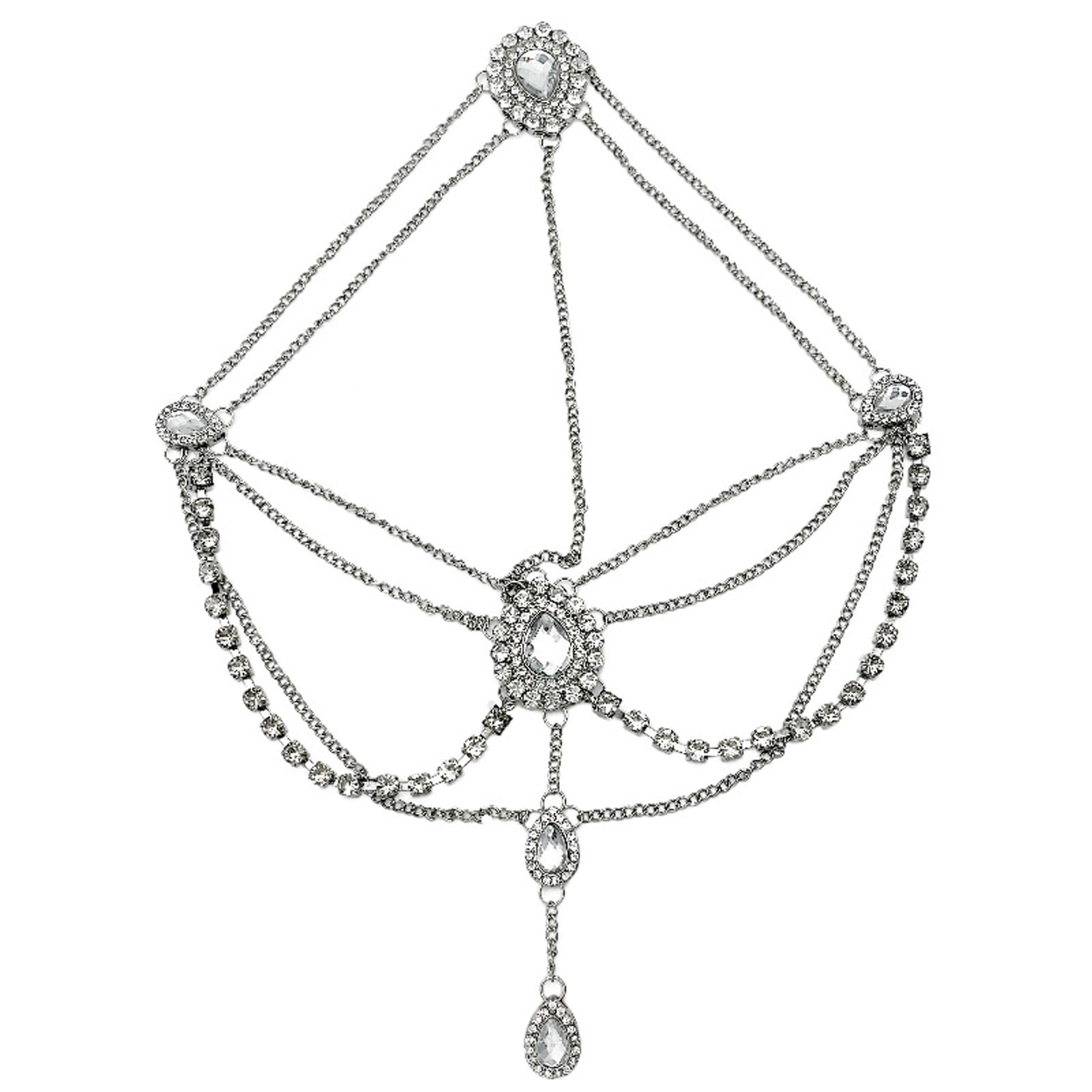 NICENEEDED Silver Diamond Hair Chain, Teardrop Crystal Headwear Headpiece Costume Jewelry, Bohemian Sparkly Waterdrop Rhinestone Hair Forehead Decoration Accessories for Women Girls Party