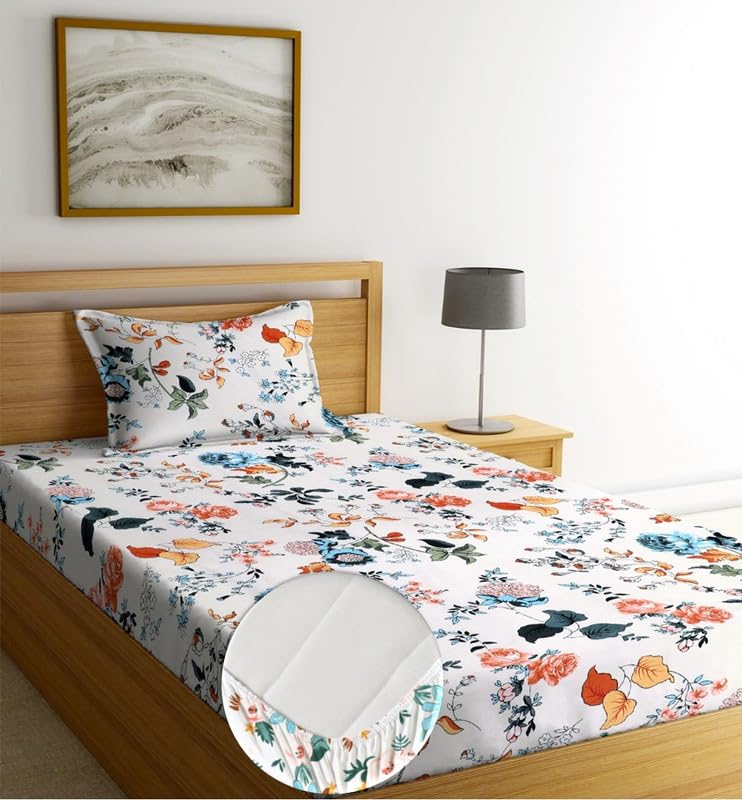 Image of NEW LEAF Pure Cotton All Round Elastic Fitted Floral Bedsheets With 1 Pillow Cover|Single Mattress Bed Breathable|Longlasting|Supersoft Size - 36 X 72 + 6 Inches (Color -Pure Grey),220 Tc,Small Single