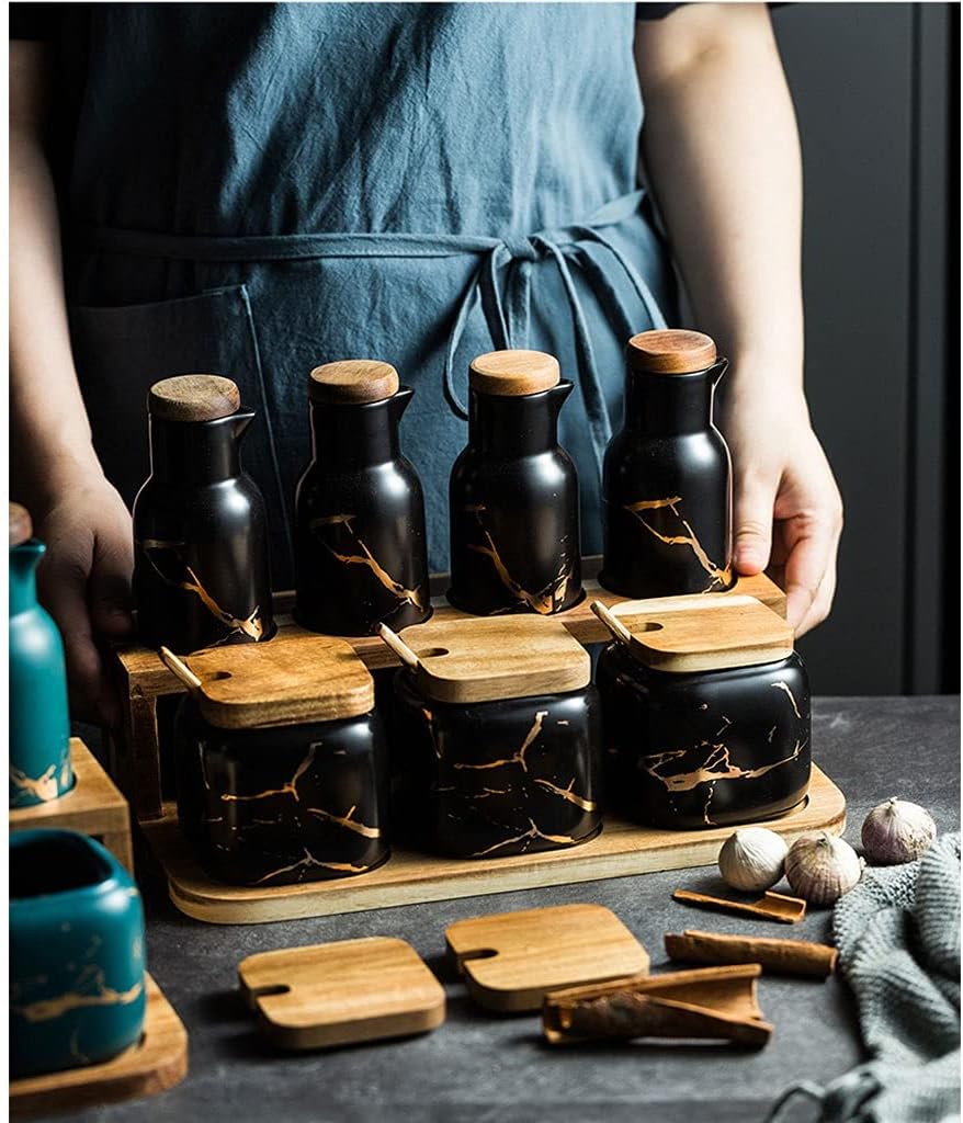 7-Piece Ceramic Spice Jars Set - Dust-Proof Kitchen Seasoning Containers with Lids for Home Use - Perfect for Organizing Herbs and Spices (Black)
