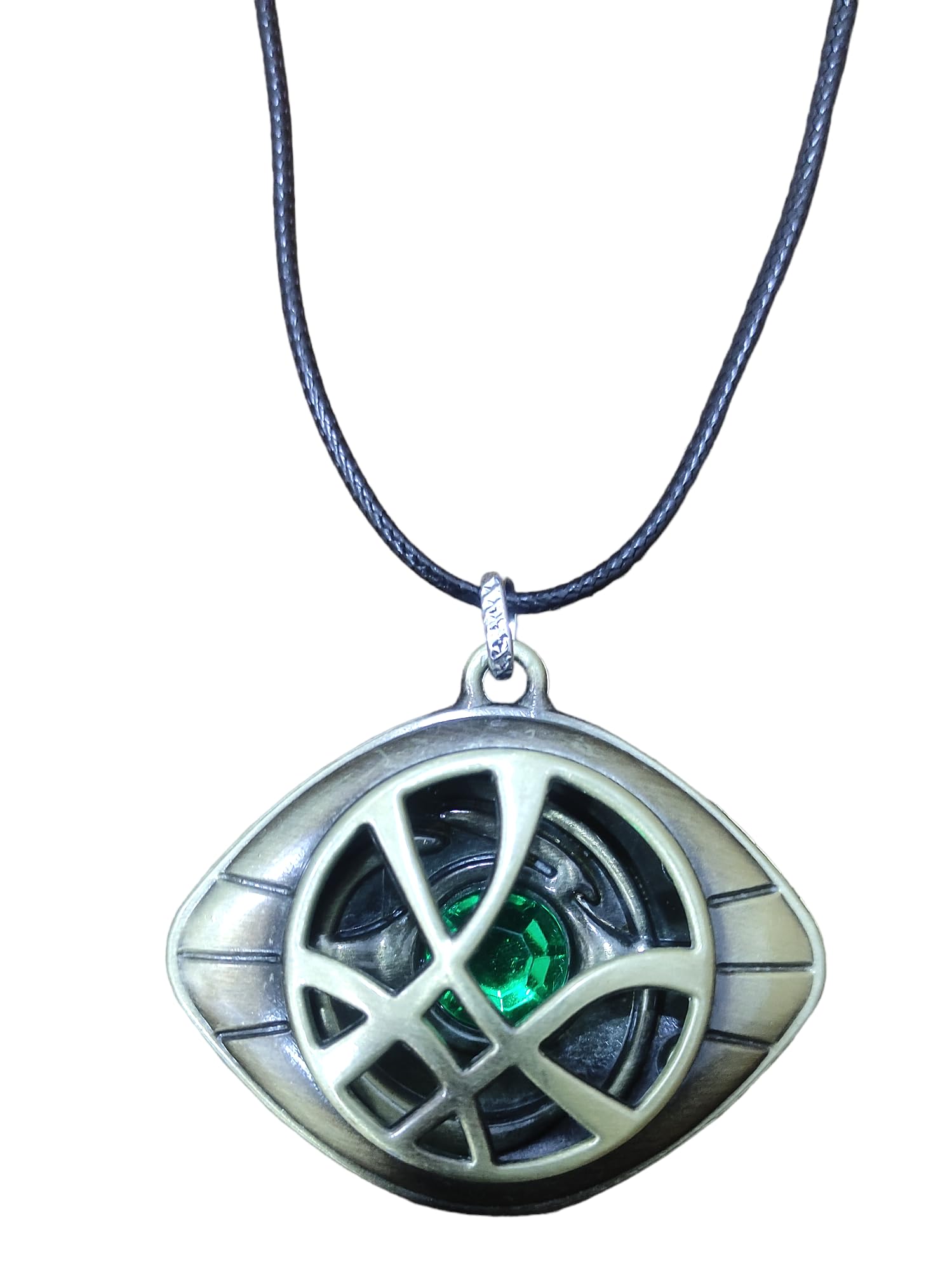 rvm jewels Doctor Strange Eye of Agamotto Time Green Stone Shape Antique Brass & Metal Pendant Leather Necklace Accessory for Men and Women-picture-15