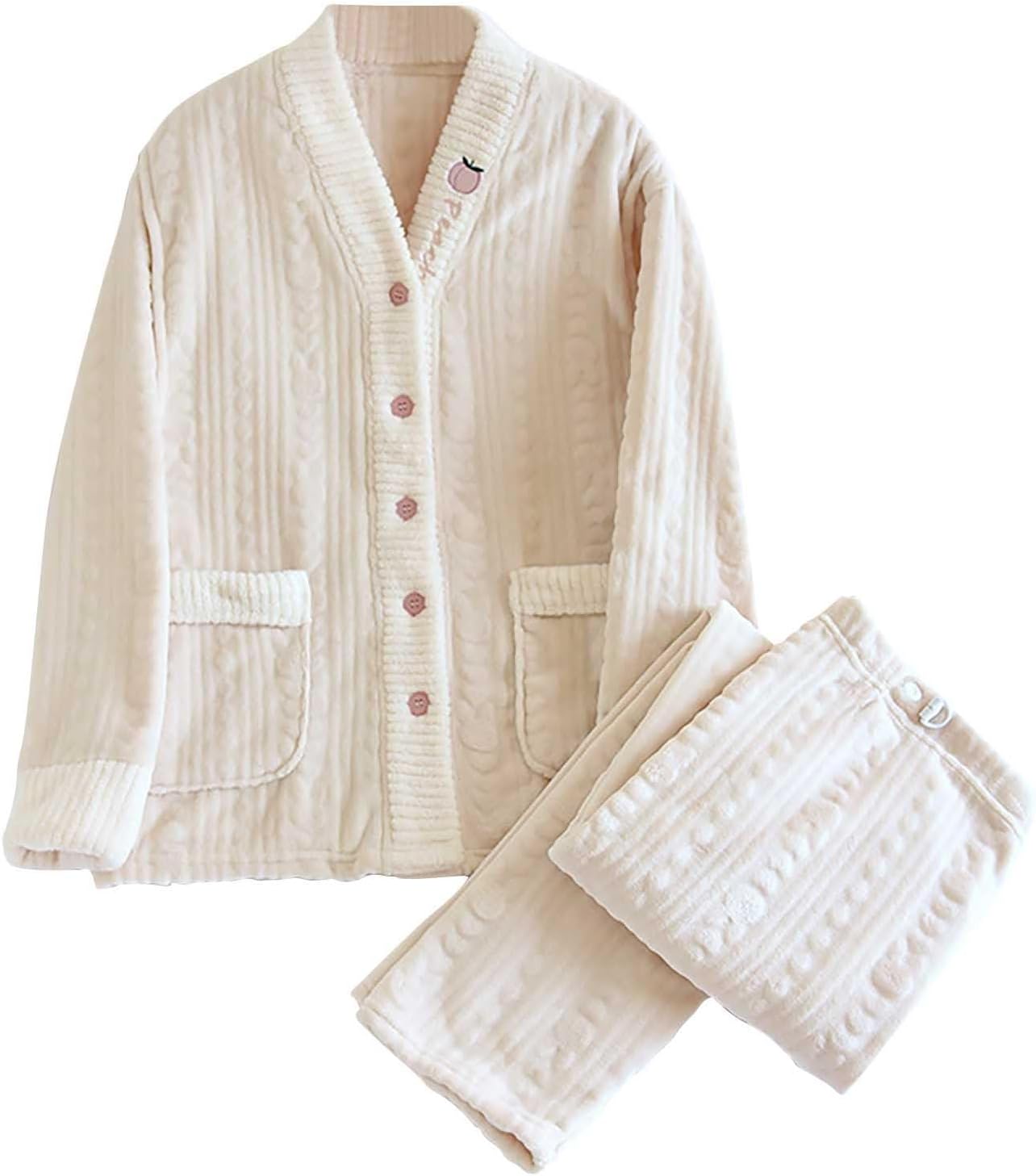 Ladies Warm Flannel Pajamas Sets Long Sleeves Button Down Front Thermal