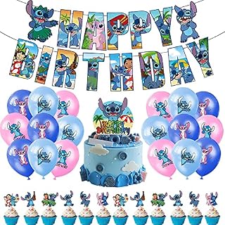 Stitch Theme Birthday Party Decorations Stitch Party Supplies -Happy Birthday Banner, Stitch Balloons Cake Topper, Cupcake Toppers for Kid's Birthday Party