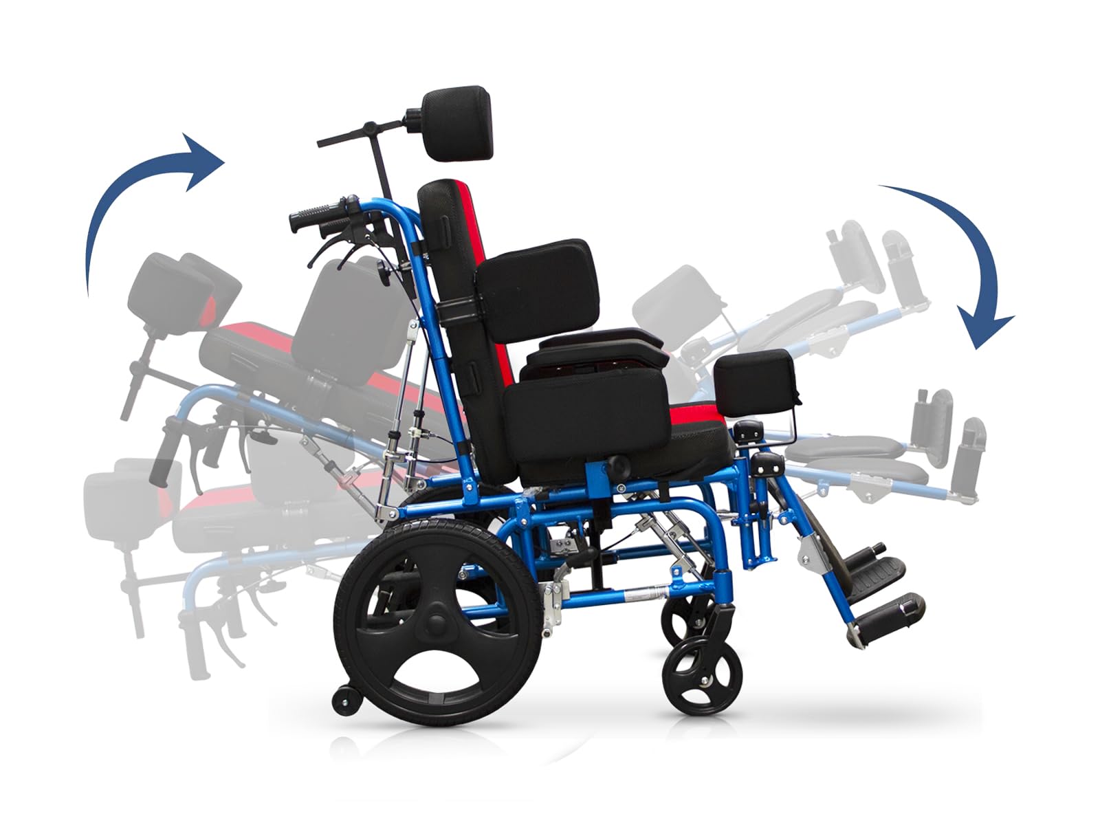 QUIRUMED - Silla de Ruedas Neurológica Plegable y Ligera | Ajustable en Respaldo hasta 85° y Reposapiés | Sistema Antivuelco | Brazos Rectos Desmontables, Azul y Negro