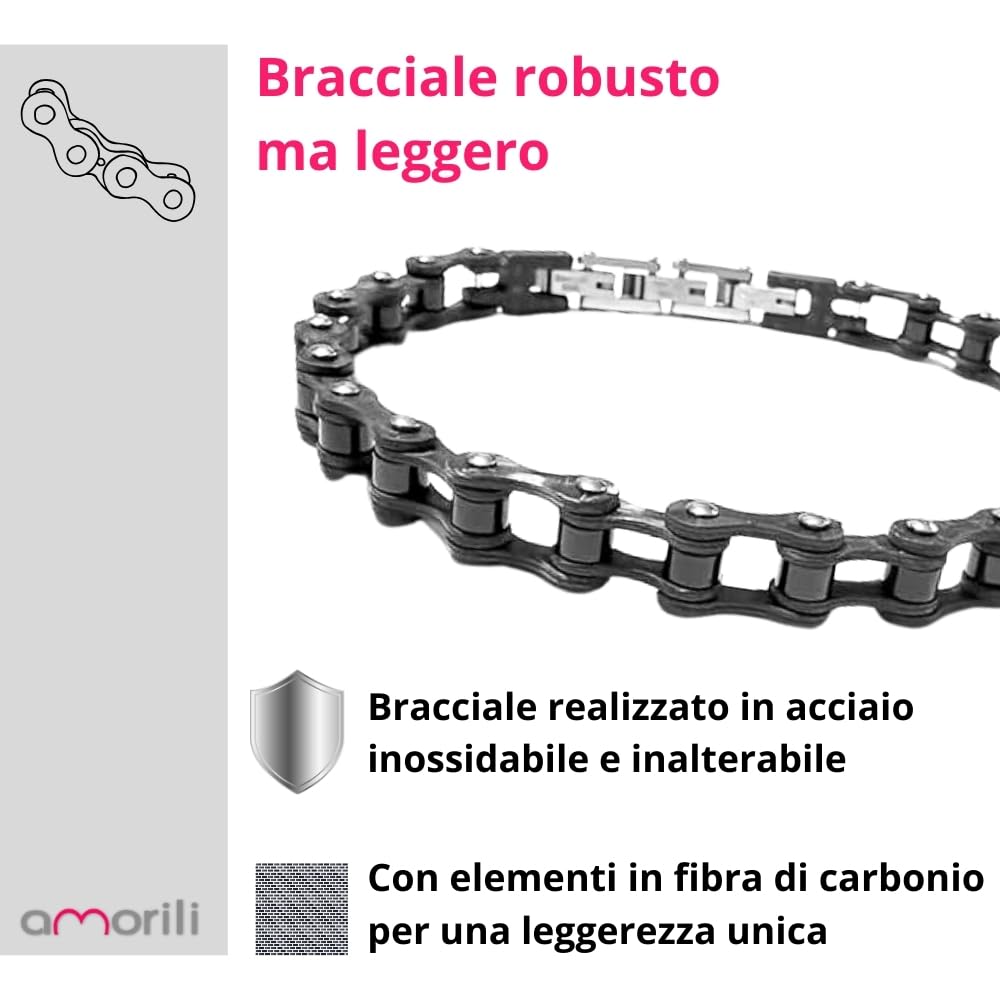 Bracciale Uomo Catena Moto Acciaio Inox e Fibra di Carbonio – Braccialetto Riders Stile Biker Leggerissimo – Gioiello Maschile Sportivo – Idea Regalo Appassionati Moto bcc2022b
