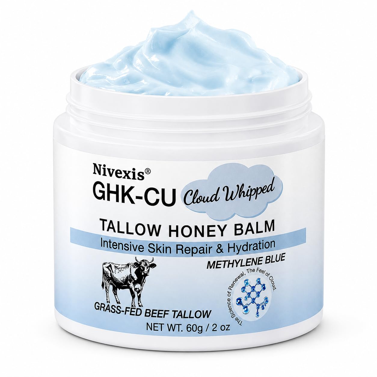 Amazon.com: Nivexis Copper Peptides GHK-Cu Whipped Beef Tallow for Skin,  Grass Fed Beef Tallow and Honey Balm for Face & Body, with Methylene Blue  Anti-Aging Moisturizer, Suitable for All Skin Types, 2