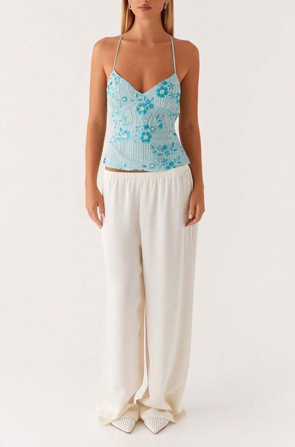 Women Sequin Cami Top V Neck Sparkle Beaded Backless Criss Cross Straps Crop Tops Summer Going Out Club Sexy - Image 5