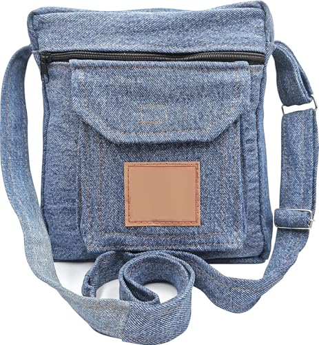 Upcycling Blue Denim Jeans Messenger Cross Body Shoulder Handbag Purse for Unisex