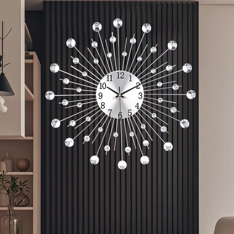 SIN&MI Large Wall Clock for Living Room Modern Silent Wall Clocks Battery Operated Decorative Non-Ticking Clocks for Bedroom Kitchen Dining Room Office Silver Crystal Metal Wall Decor for House