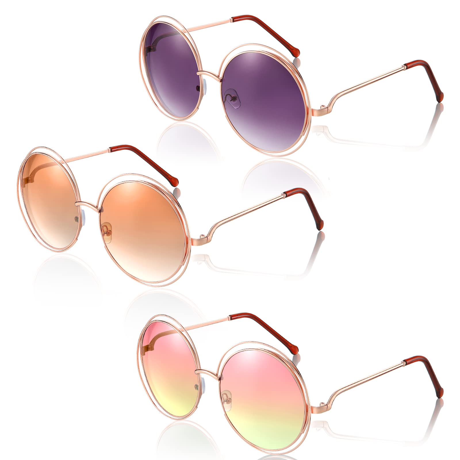 Photo 1 of 2 PK- Fabbay 3 Pairs Women's Double Circle Metal Wire Frame Oversized Round Sunglasses Gradient Lenses 70s Hipster Glasses for Women (Gradient Gray, Pink Yellow, Gradient Tawny)