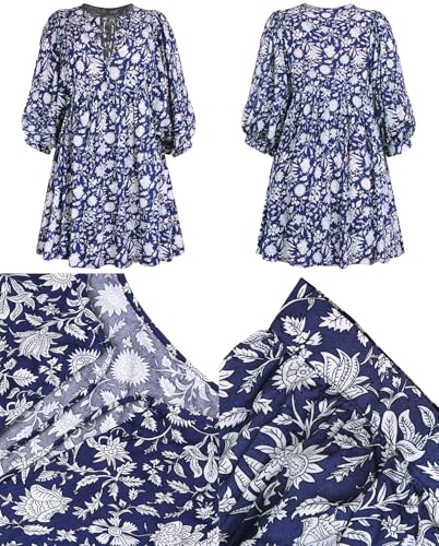 Image of Boho Dresses for Women Floral V Neck Puff SLVS Babydoll Short Beach Dress