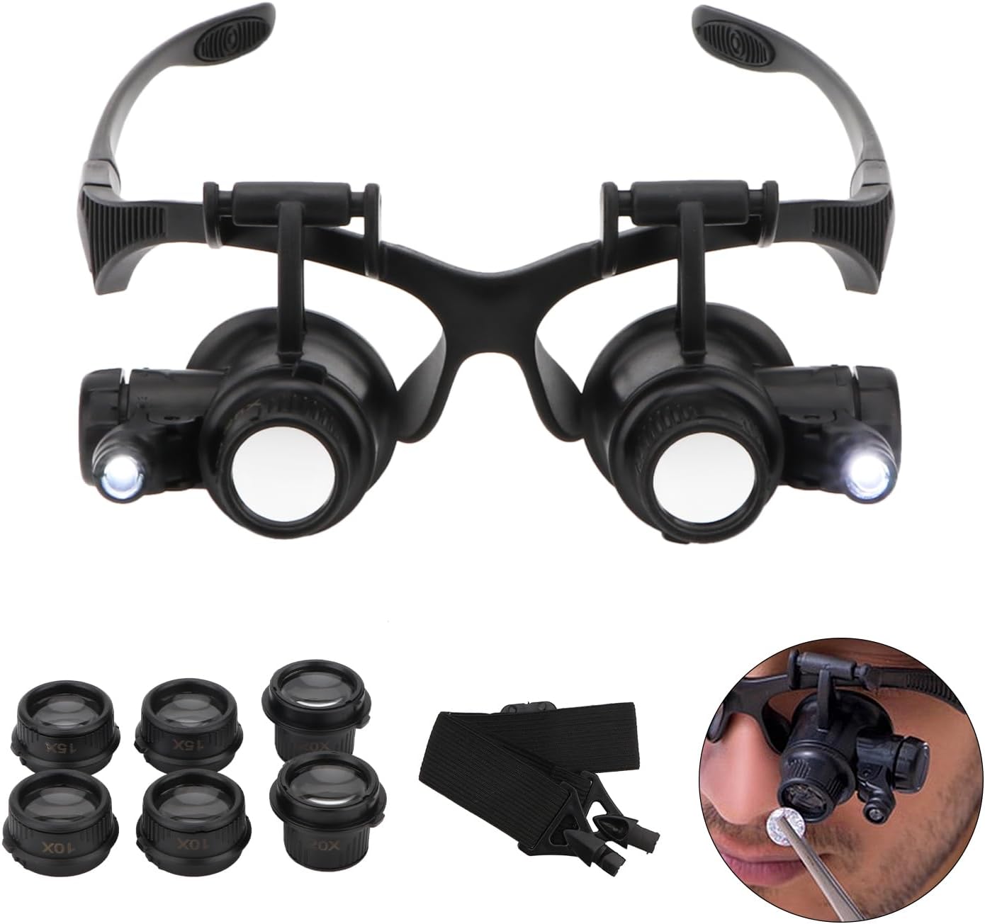 10X 15X 20X 25X Headband Magnifier Double Eyes Glass Jeweler Loupe with 2 LED Lights 8 Replaceable Lens for Jeweler Watch Repair