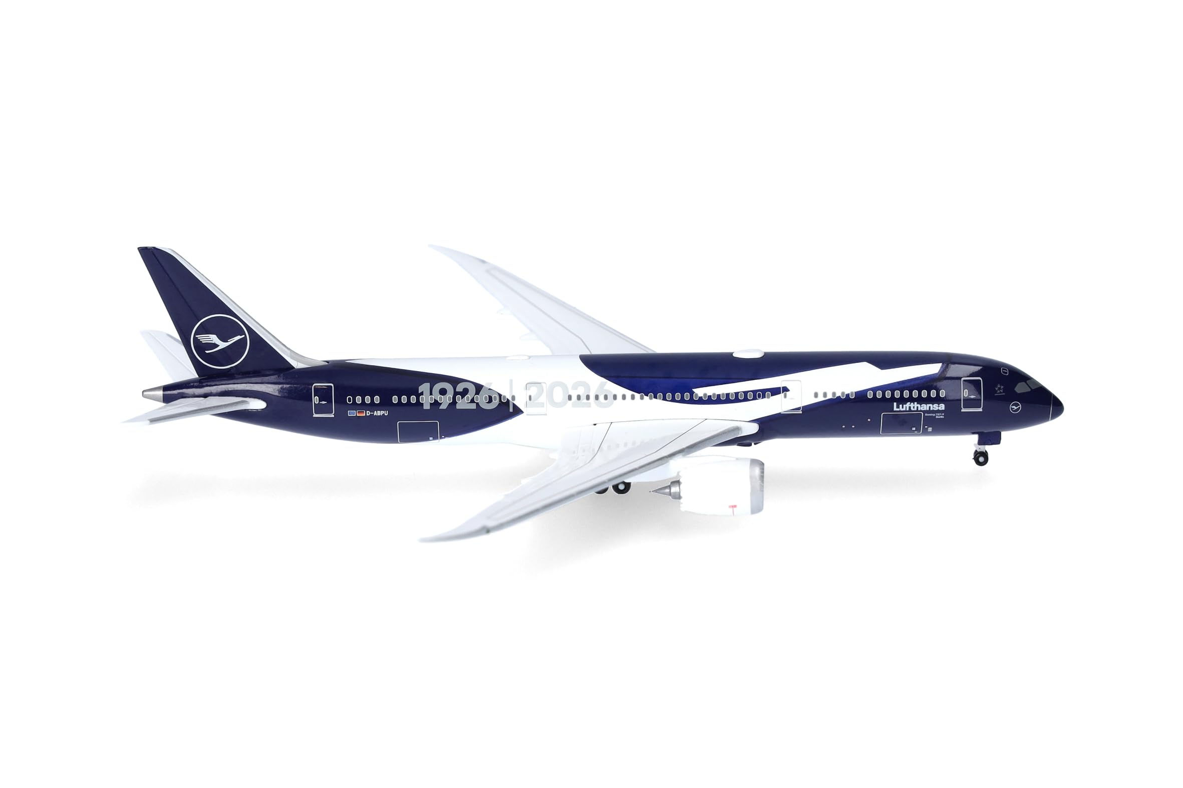 Herpa Miniatura del avión Lufthansa Boeing 787-9 Dreamliner 100 años, Escala 1/500, Modelo prefabricado, maqueta de colleción, modelismo, Avion sin Soporte, Figura Metal