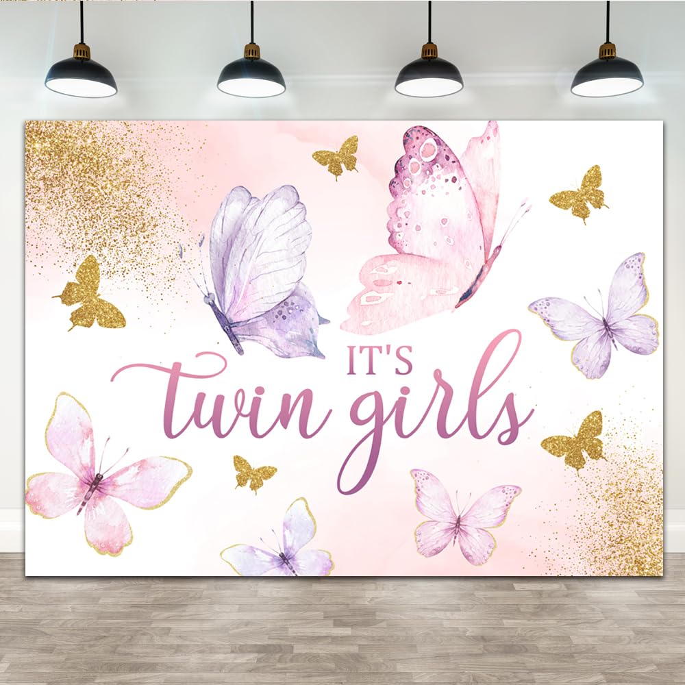 Lofaris 7x5ft It's Twin Girls Baby Shower Backdrop Pink Butterfly Kisses and Bday Wishes Gold Spots Flowers Photography Background for Princess Girl