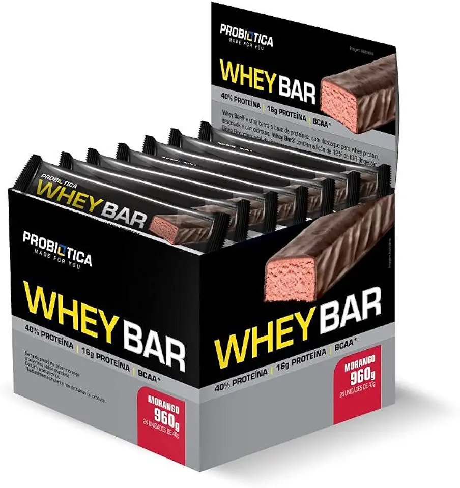 Whey Bar Low Carb (960g) Caixa 24 Unidades - Sabor Morango, Probiótica