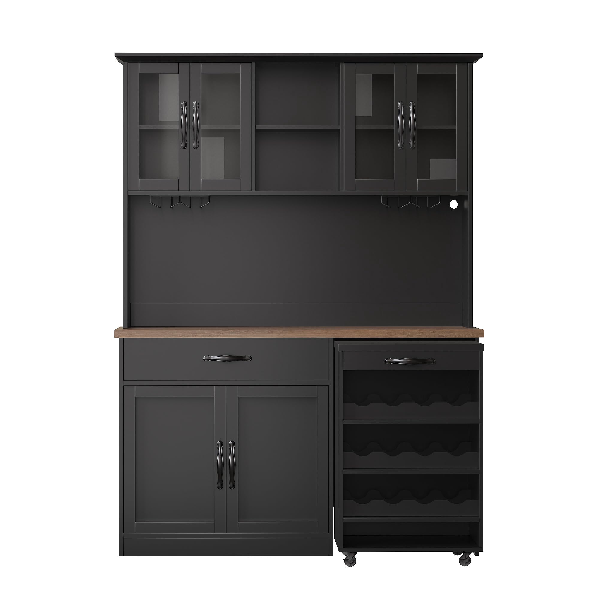 140cm Küchenschrank Schwarz mit Rollwagen, Hochschrank mit LED-Beleuchtung, Pantryschrank mit Weinglasregal & Weinregal, Beleuchteter Sideboard Schrank für Wohnzimmer, Esszimmer