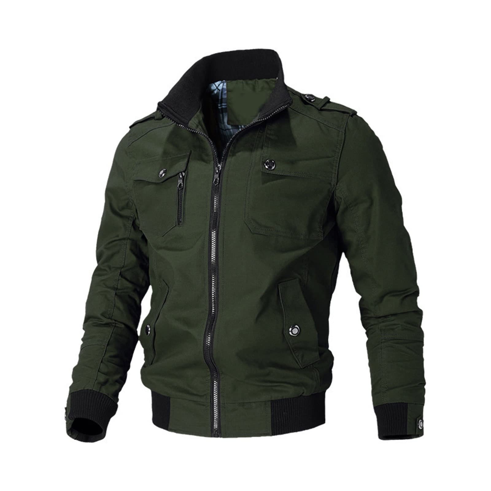 Chaqueta casual para hombre, de algodón, ligera, con múltiples bolsillos, cremallera frontal, cuello alto, chaquetas militares, cortavientos