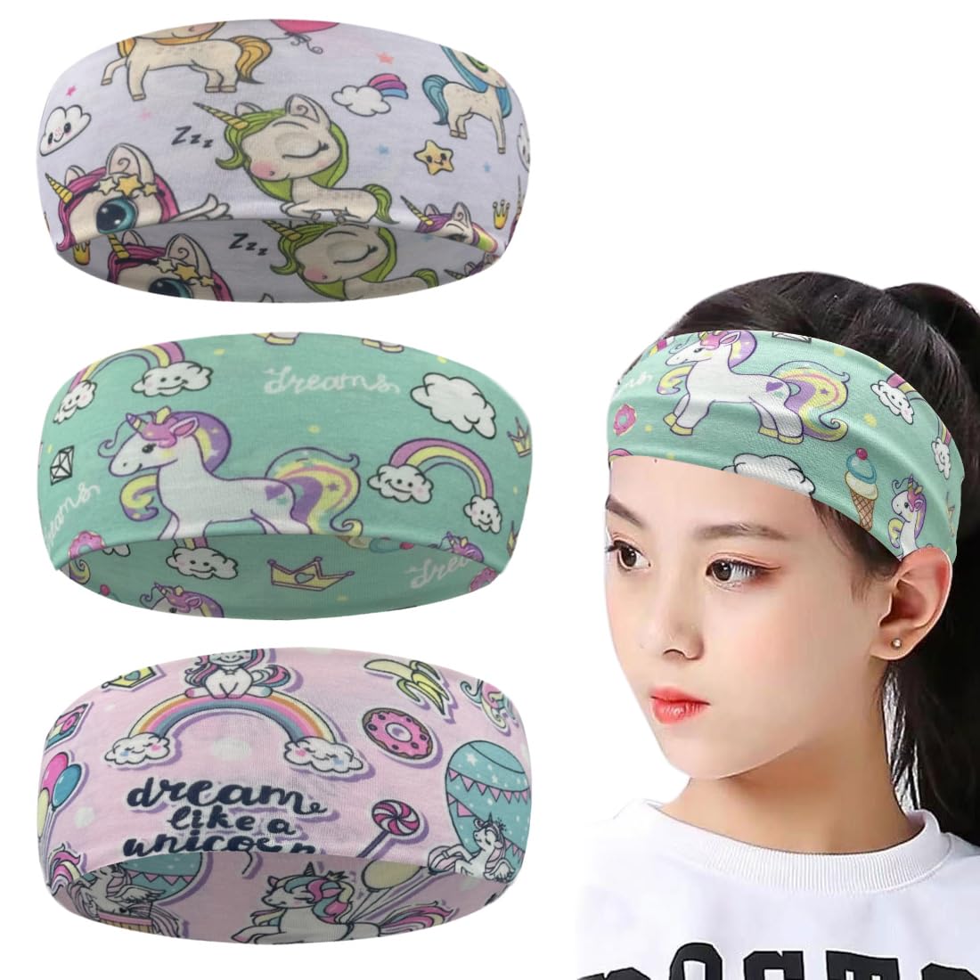 LYITZW 2 Piezas Cinta Elástica Pelo para Chica Niñas de Unicornio, Banda de Algodón, Diadema Colores, Turbante Pelo
