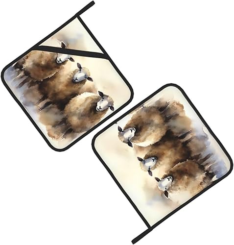 Miniatura 8 de 2 soportes para ollas con bolsillo para cocina, almohadillas calientes resistentes al calor para encimeras, ovejas, acuarela, horno, juego para
