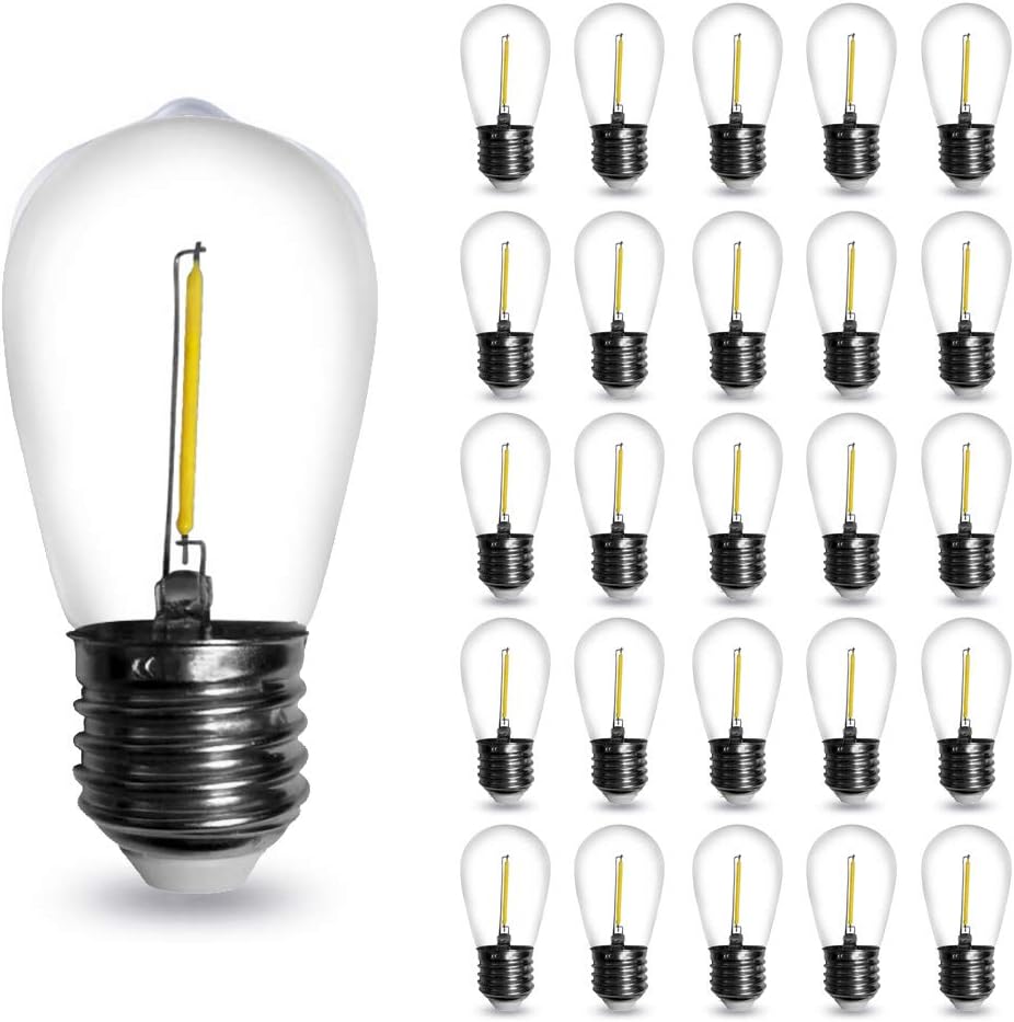 S14 LED String Light Bulbs 1W Shatterproof&Waterproof E26 Base Edison Bulbs Daylight White 6000K 150 Lumen Energy Efficient Replacement for Indoor/Outdoor Use,25 Pack