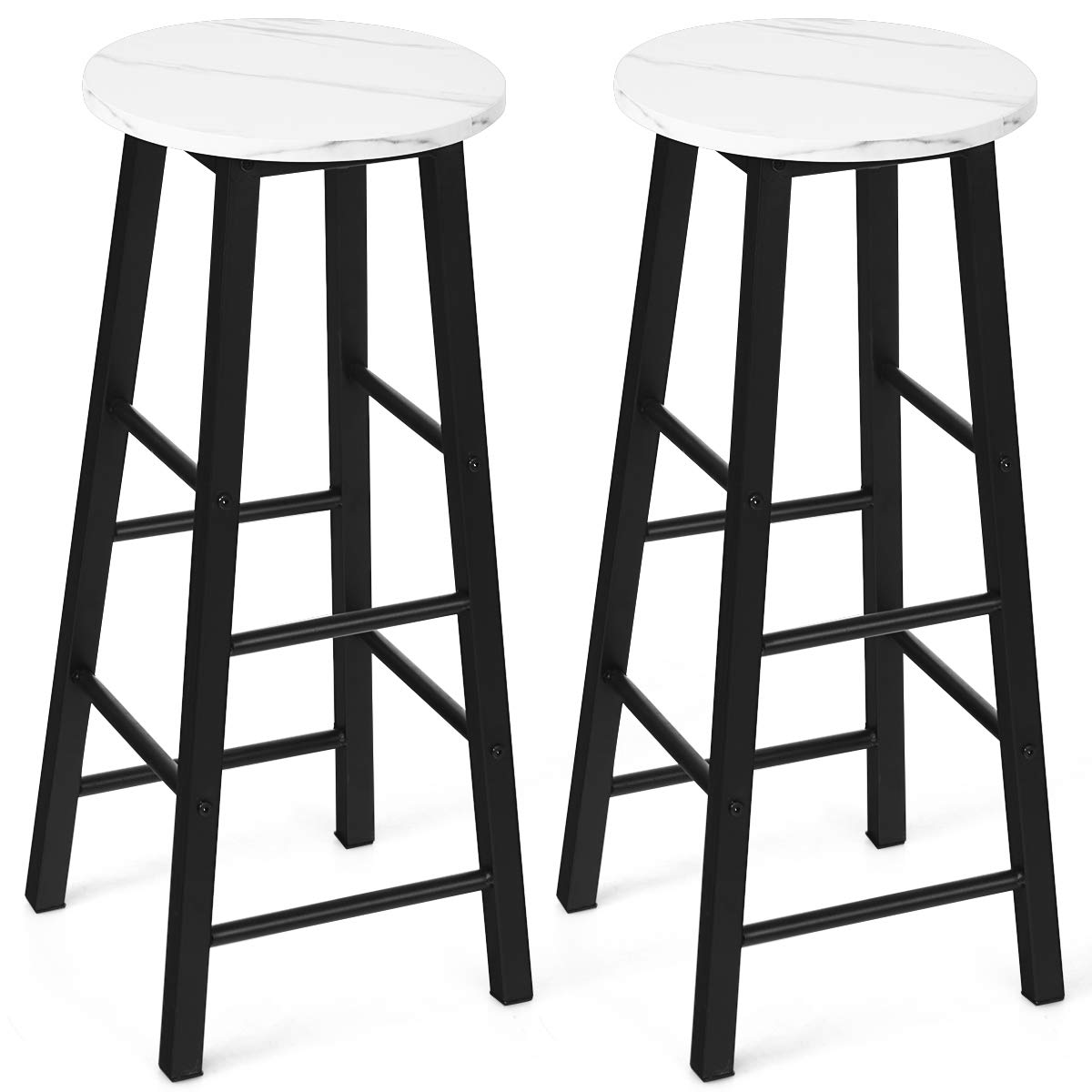 COSTWAY Set of 2 Tall Bar Stools, Rustic Faux Marble Stools, Industrial Round Seat High Stools, Square Legs Dining Chair and Footrests(White)