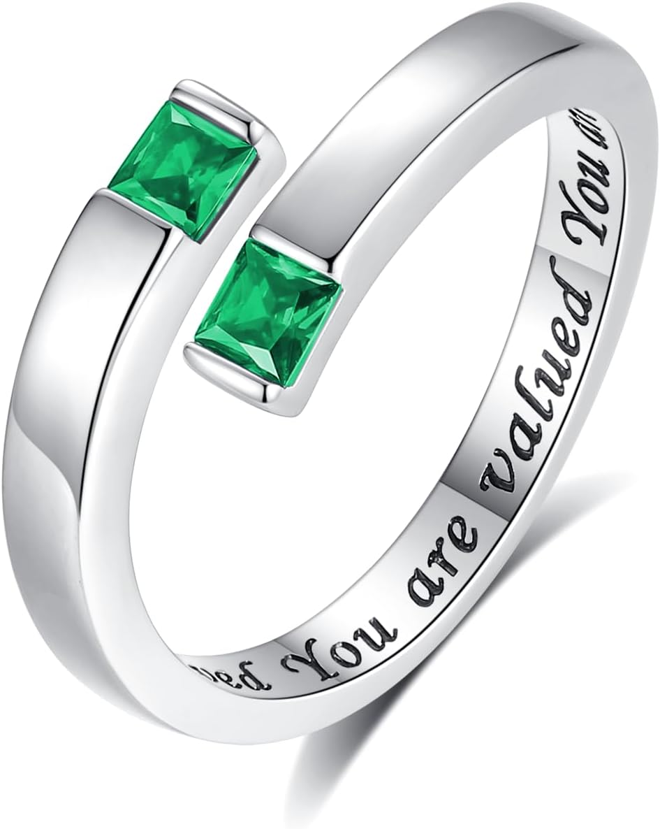 YLT 925 Sterling Silver Adjustable Ring for Women Birthstone Rings Cubic Zirconia Open Ring Gifts for Daughter Teens