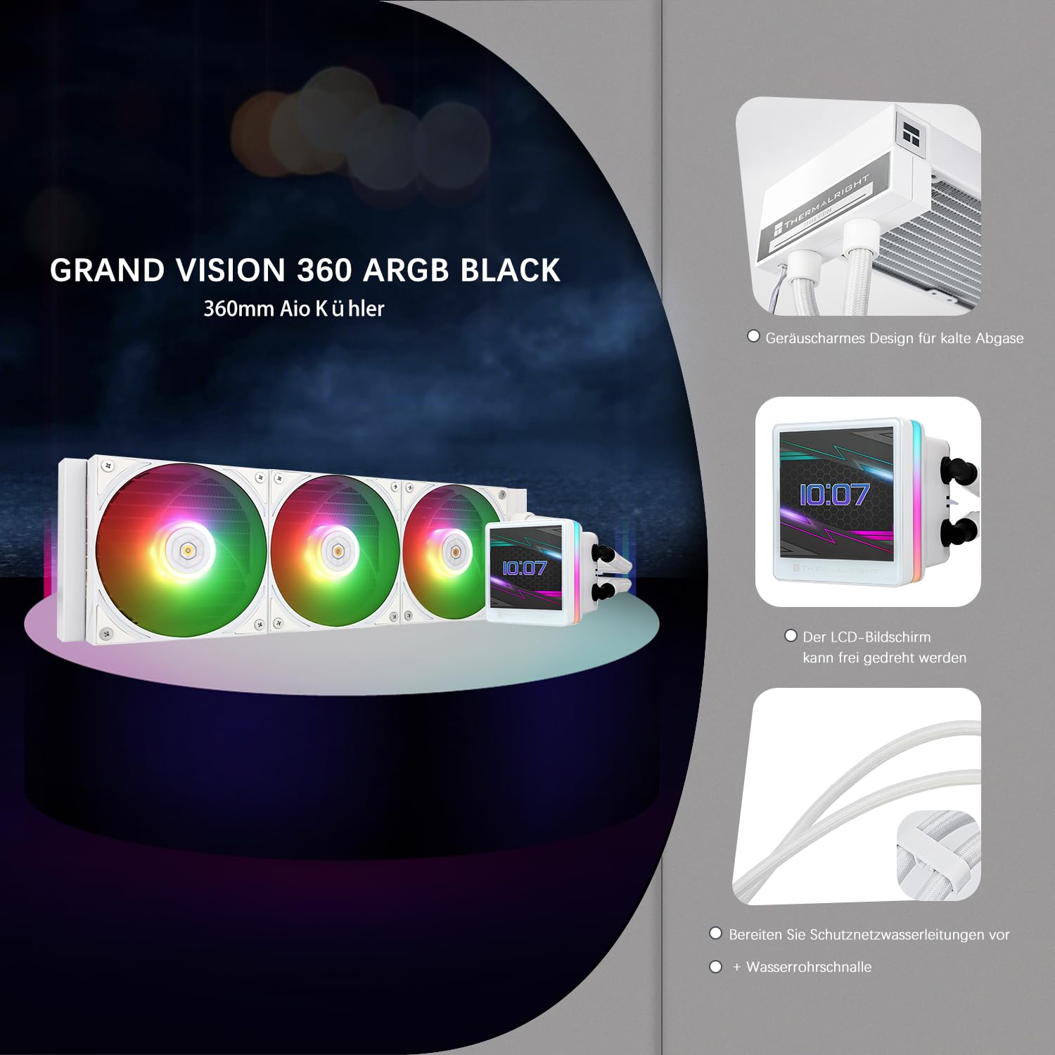 TR-Thermalright Grand Vision 360 ARGB Bianco, ventola di raffreddamento CPU con schermo LCD IPS da 3,4 pollici con risoluzione 480x480, magnete, tema schermo fai-da-te, per AM4/AM5, LGA1851/1700/115x