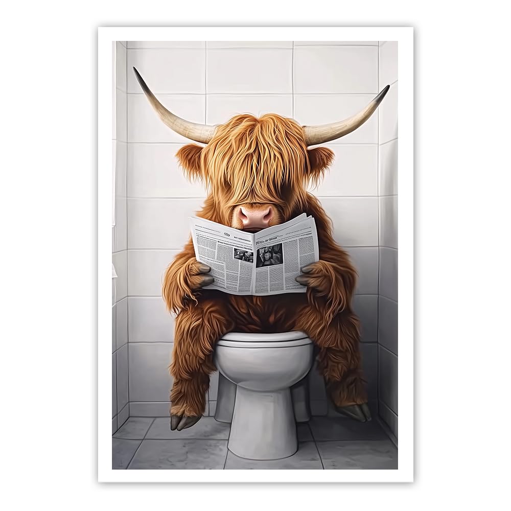 CXHOSTENT Highland Cow Bathroom Wall Art Bathroom Animal Decor Funny Highland Cow Canvas Print Toilet Restroom Decor Unframed (60L x 40W cm)