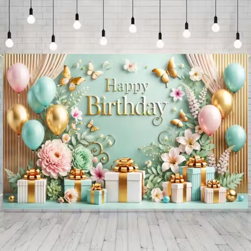 Image of Colorful Floral Happy Birthday Backdrop Curtain - Wedding & Festival Party Photography Decoration in Light Green (Pack of 1)