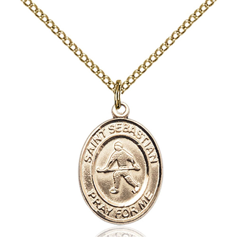 Bonyak Jewelry Saint Medal Collection Custom Engraved Gold Filled St. Sebastian/Field Hockey Pendant 3/4 x 1/2 inches with Gold Filled Lite Curb Chain