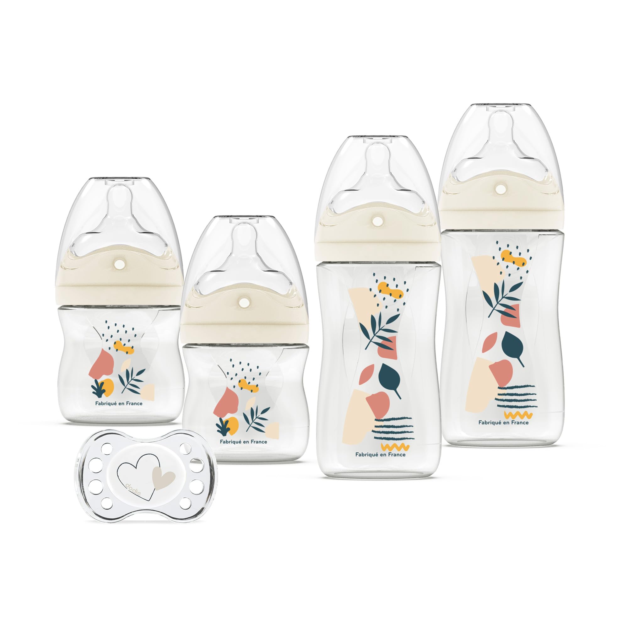 DODIE Lot de 4 Biberons Naissance, anti-colique, Tetine Multi-Perforée (2x150mL et 2x270mL), une sucette naissance, Terracotta