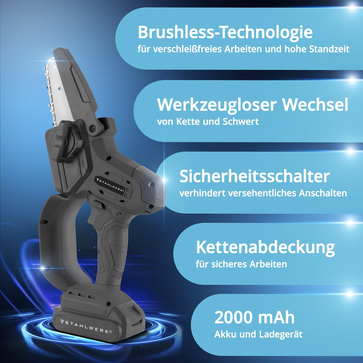 STAHLWERK Mini motosega a batteria (MAK-20 ST) – Set con batteria da 2 Ah, caricabatterie, catena di ricambio e spada di ricambio, sega a mano senza brushless, 6"/15,2 cm, 4,8 m/s, per legno, rami