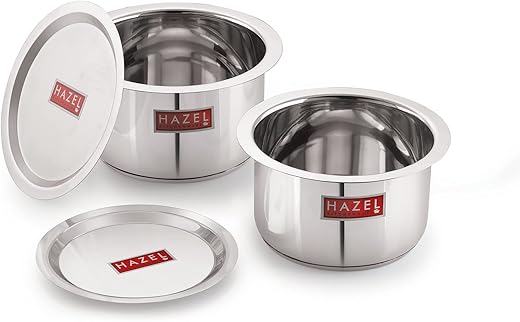 HAZEL Induction Base Tope Stainless Steel Heavy Base Thick Flat Bottom Patila Cookware with Steel Lids Cover Utensil for Kitchen (2 Topes & 2…