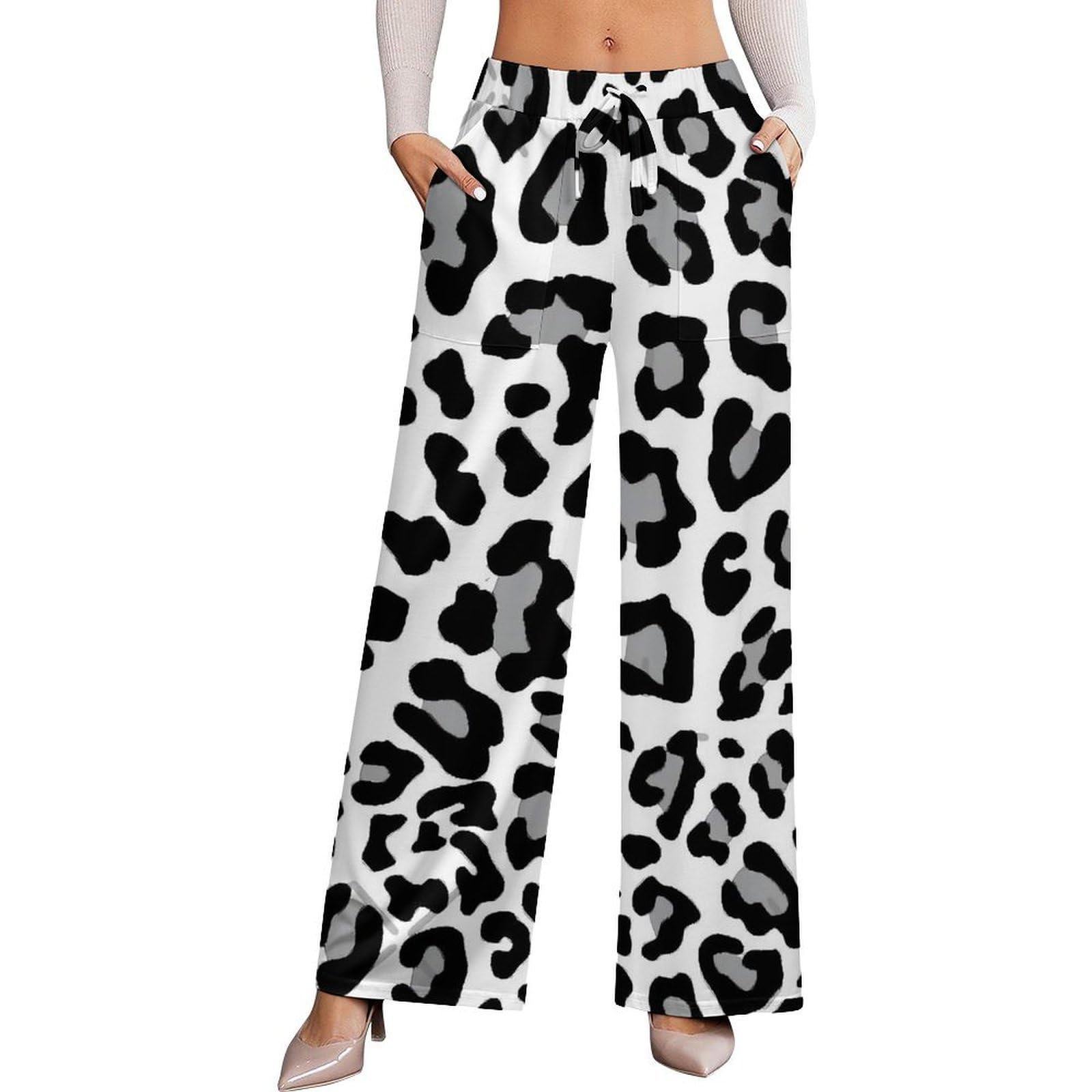 Black White and Grey Leopard Print Stretch High-Waisted Wide-Leg Pants Womens Versatile Casual WearL