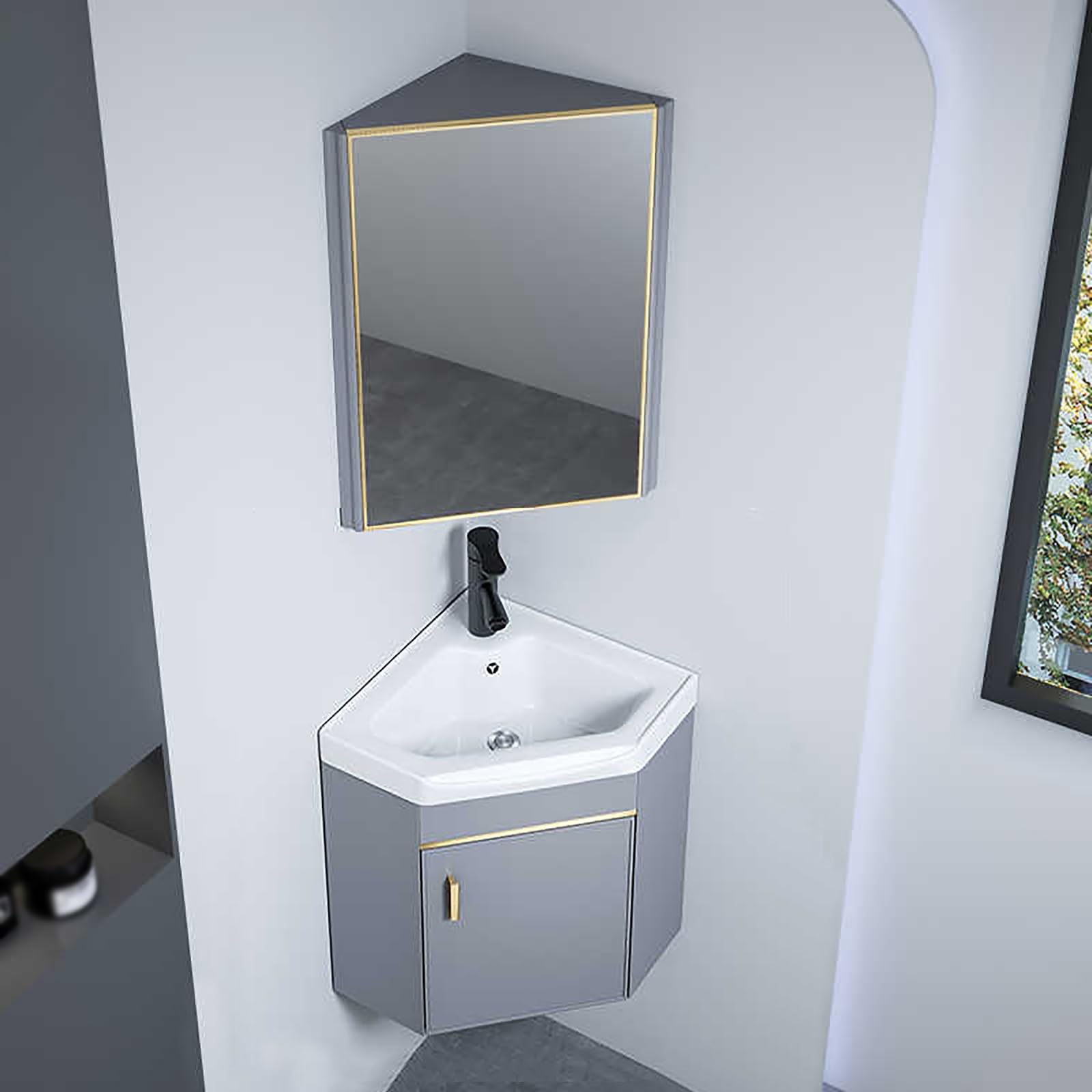 GLJTUO Floating Bathroom Vanity Cabinet with Sink and Mirror Combo Small Corner Design for Wall Mount Faucet Included Space Saving Storage Solution for Tiny Bathrooms,One Color-43cm/16.9in