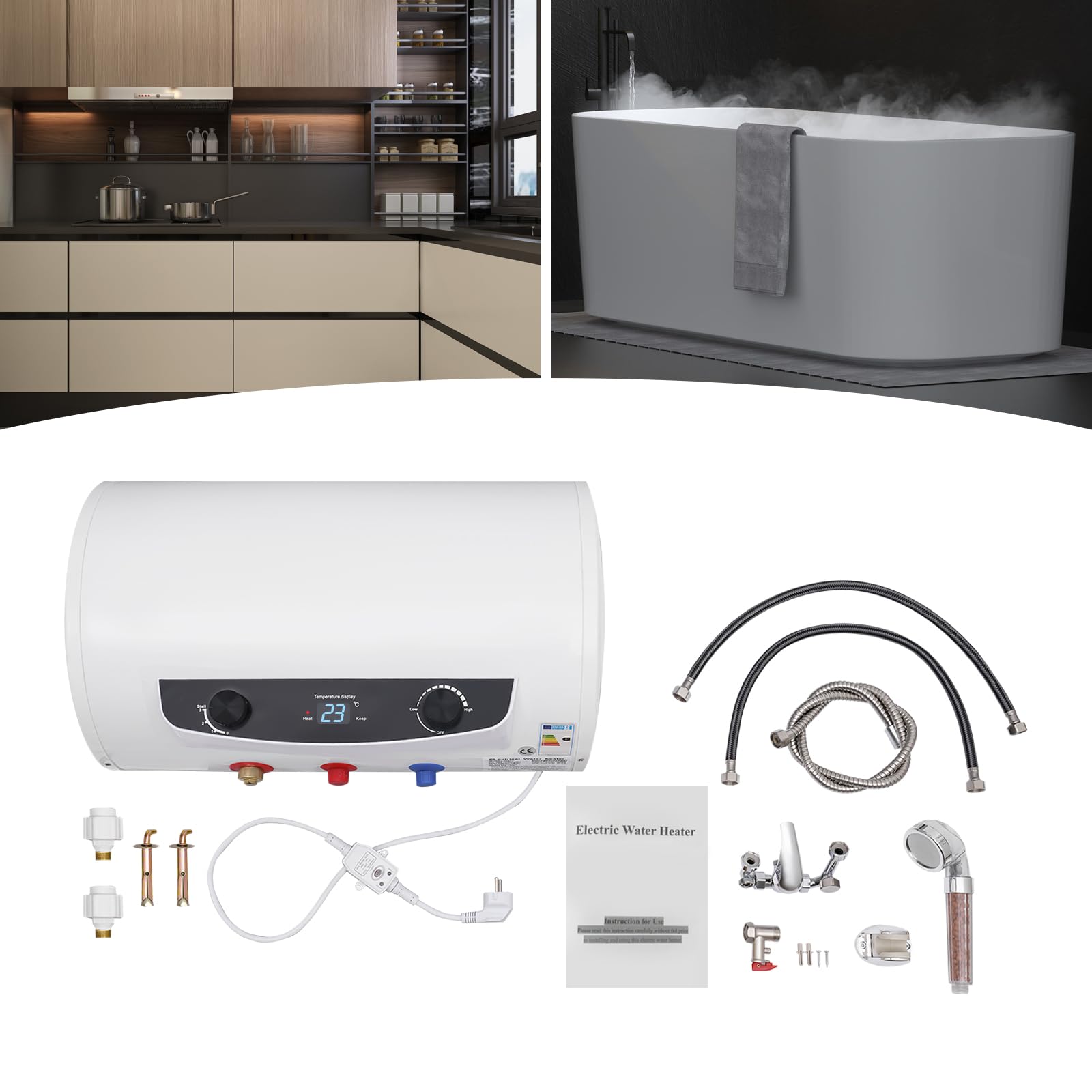 Scaldabagno Elettrico Da Parete 30L 2000W - Con Doccetta E Rubinetto, Schermo LED, 220V - Foto 2