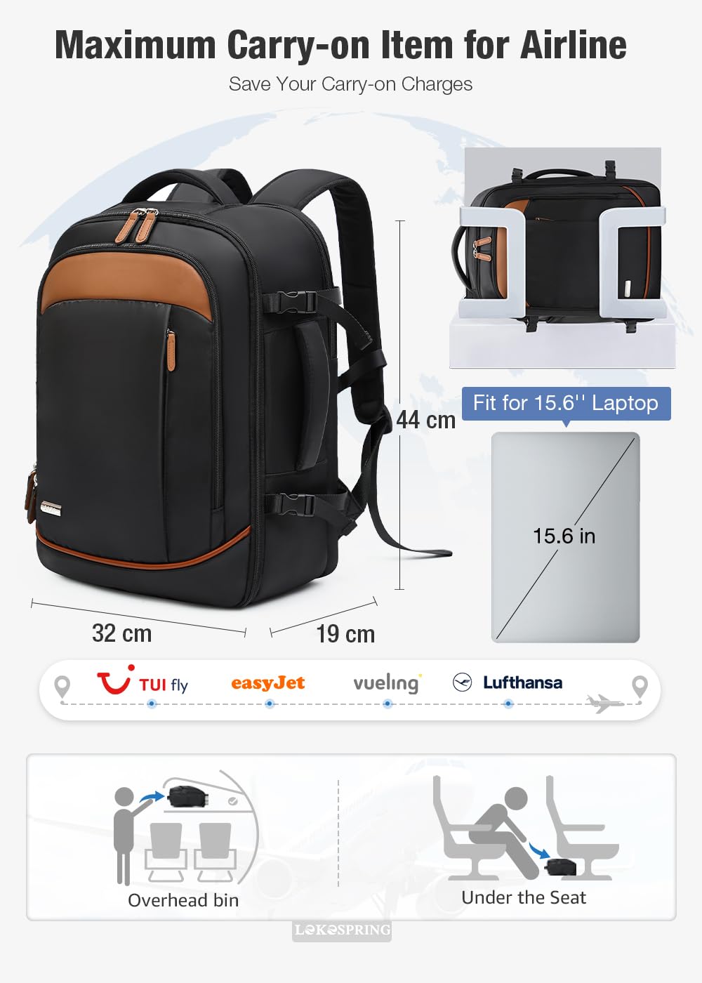 Lekespring Zaino Ryanair 40x20x25 - Zaino da Viaggio Aereo Bagaglio a Mano per Donne e Uomini, Bagaglio a Mano 40x20x25 Ryanair, Borsa Cabina con 6 Sacchetti Organizzatori per Scuola D'affari Casual